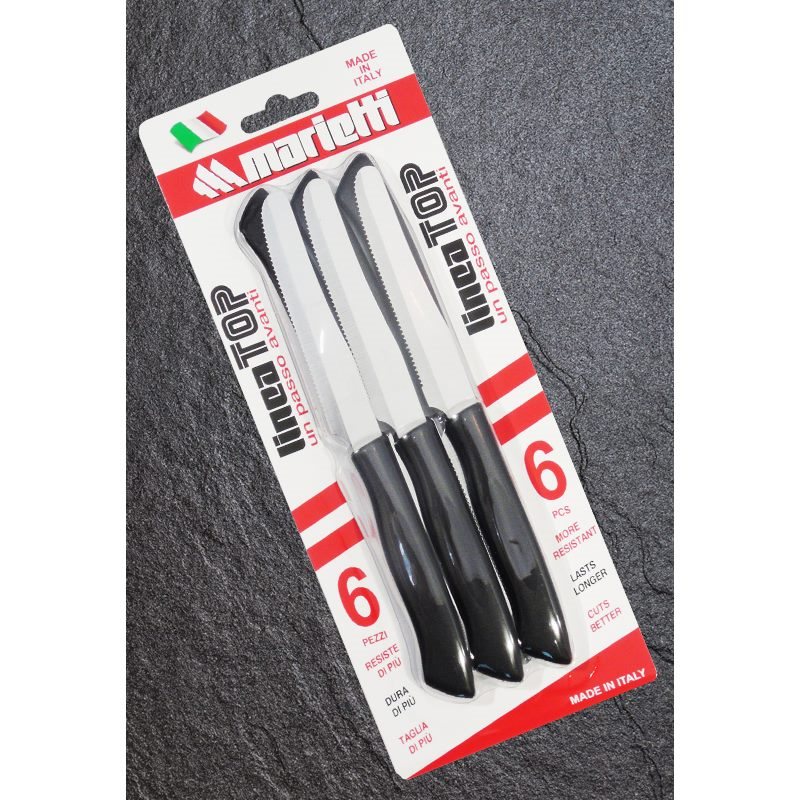Set 6 Coltelli Tavola Top Con Seghetto 11 Cm Nylon Acciaio Inox Nero Marietti Marob