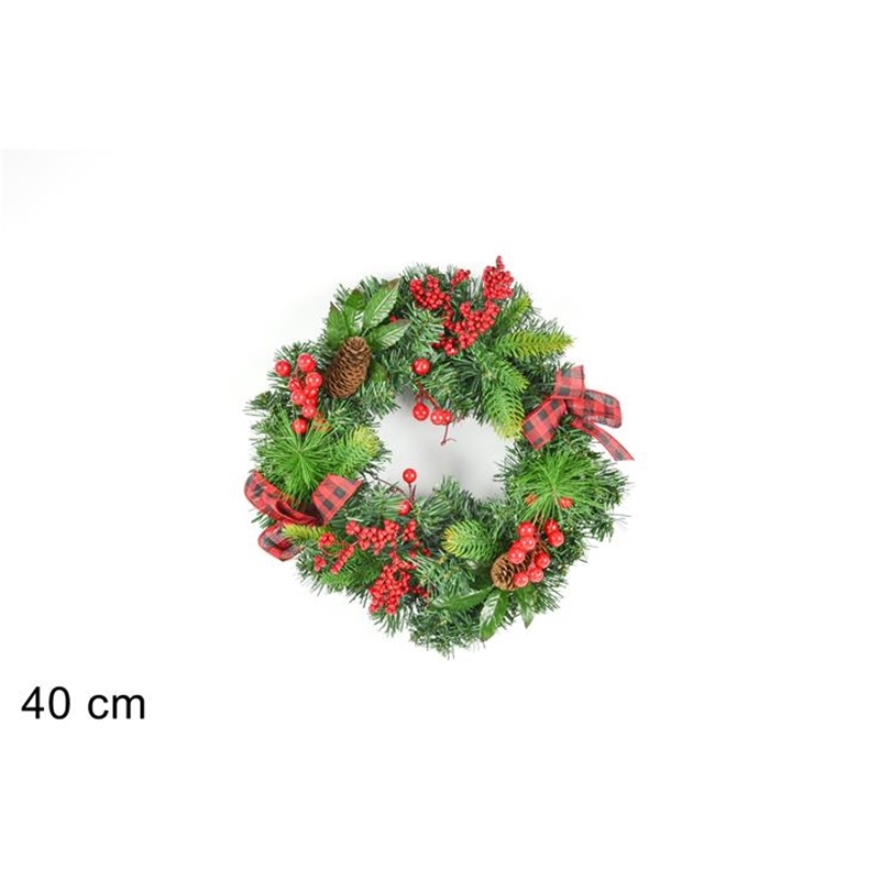 DIETROPORTA TONDO 40CM BACCHE ROSSE CON FIOCCO SCOZZESE