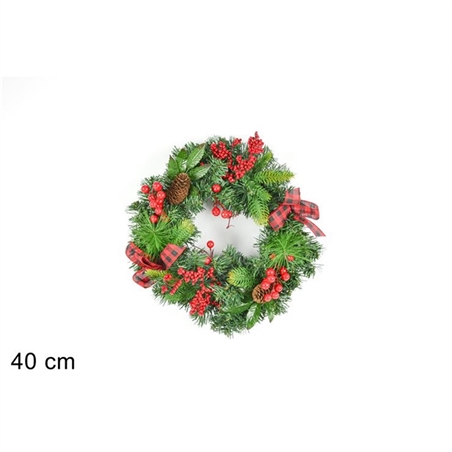 DIETROPORTA TONDO 40CM BACCHE ROSSE CON FIOCCO SCOZZESE