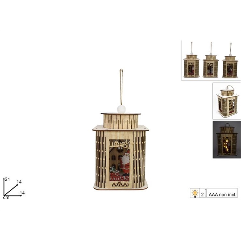 LANTERNA LEGNO CON SCENARIO NATALIZIO  CON LUCE BATT 3 ASSORTITI