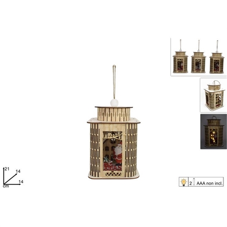 LANTERNA LEGNO CON SCENARIO NATALIZIO  CON LUCE BATT 3 ASSORTITI