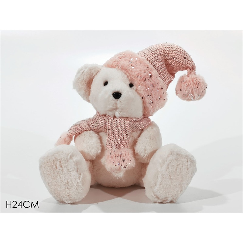 Orso da 24 cm con cappello e sciarpa rosa