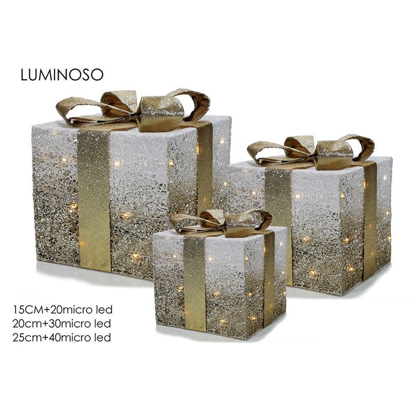 Set 3 pacchi regalo luminosi color bianco e oro uso interno ed esterno