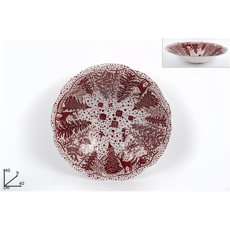CENTROTAVOLA VETRO NATALE 40 CM BIANCO DECORO ROSSO