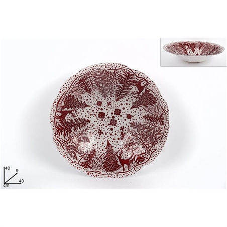 CENTROTAVOLA VETRO NATALE 40 CM BIANCO DECORO ROSSO