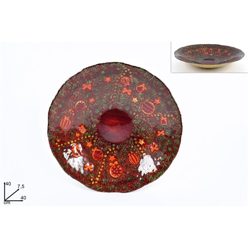 CENTROTAVOLA VETRO NATALE 40CM ROSSO CON DECORAZIONE GHIRLANDA