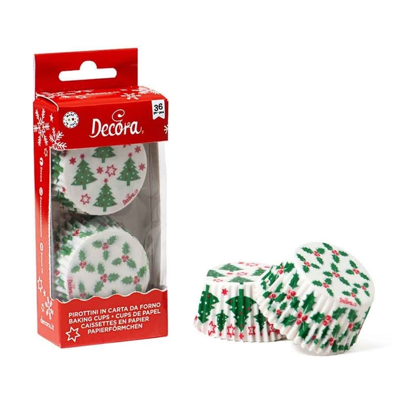36 PIROTTINI IN CARTA CON ALBERI DI NATALE E AGRIFOGLIO PER MUFFIN DECORA Ø5 CM