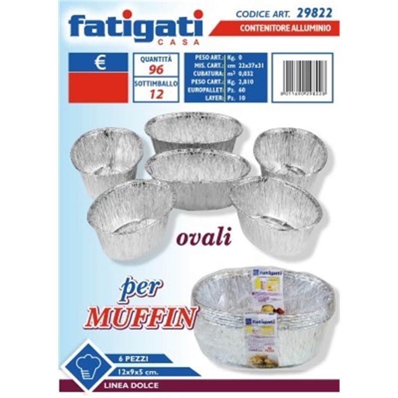 CONTENITORE IN ALLUMINIO MUFFIN OVALE 12X9X5 CM 6PZ 