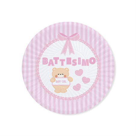 Piatti 18 cm Battesimo Teddy Rosa 8 pezzi