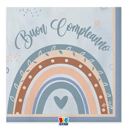 20 Tovaglioli cm. 33 x 33 Buon Compleanno Boho Celeste