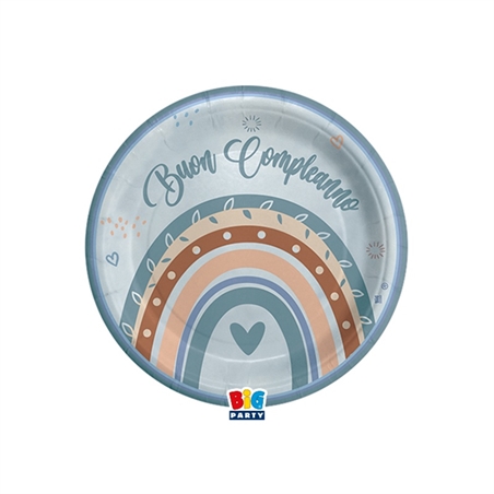 8 Piatti cm.18 Buon Compleanno Boho Celeste