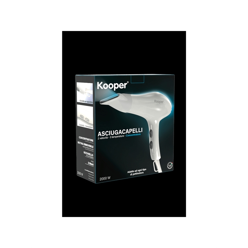 Asciugacapelli phon elettrico 2000W bianco con regolazione aria