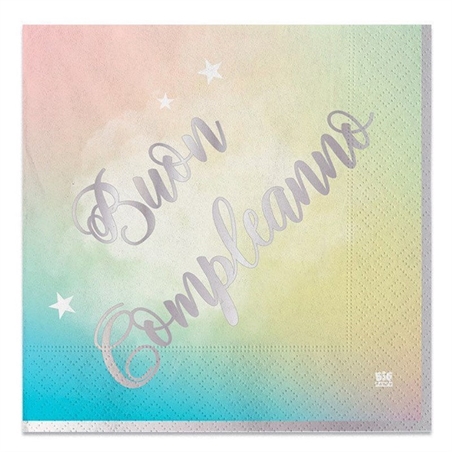 Tovaglioli 33x33 cm Buon Compleanno Soft Rainbow 20 pezzi