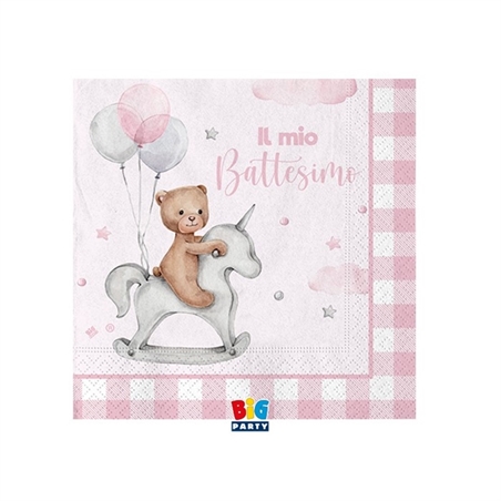 20 Tovaglioli 25 x 25 cm Battesimo Teddy Bear Rosa