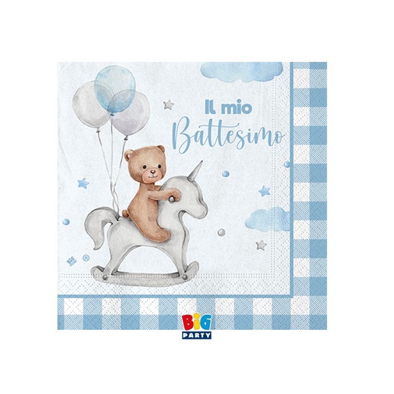 20 Tovaglioli 25 x 25 cm Battesimo Teddy Bear Celeste