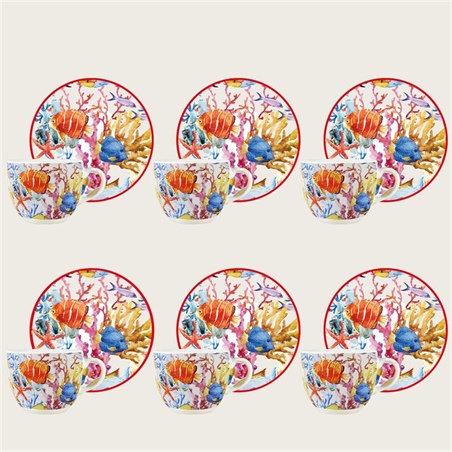 Set 6 Tazze Caffe’ Con Piattino Decoro Mediterranea