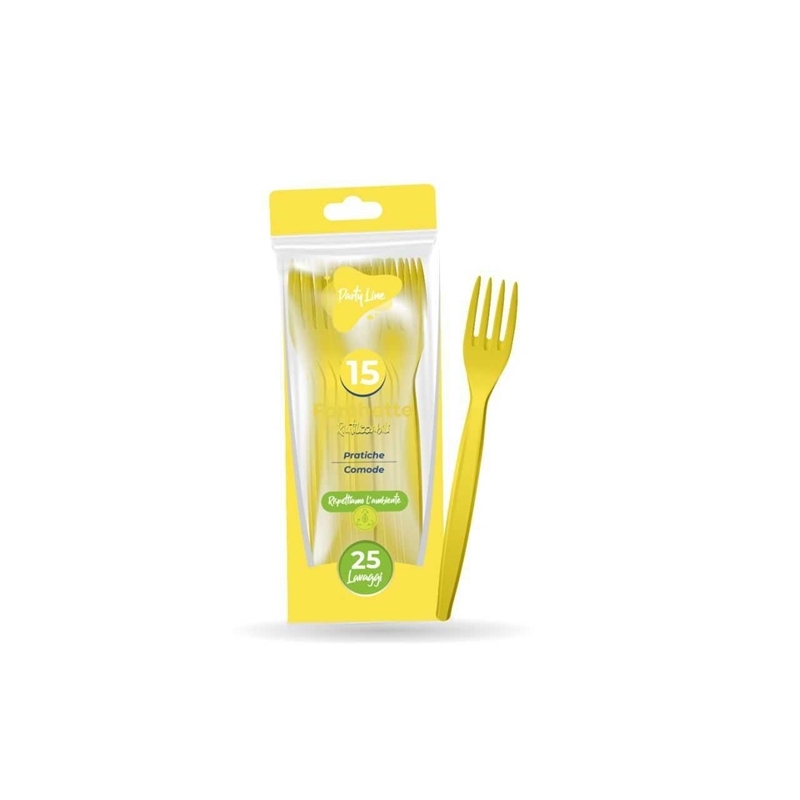 Forchette In Plastica Riutlizzabili Gialle 15 Pz